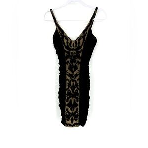 Bebe Black & Nude Roughed Adjustable Strap Little Black Dress with Appliqué